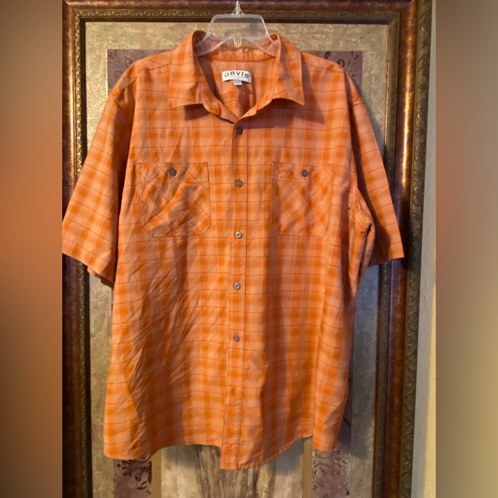 Orvis 2X Mens Short Sleeve Tech Shirt Orange Plaid Large Quick Dry Outdoor